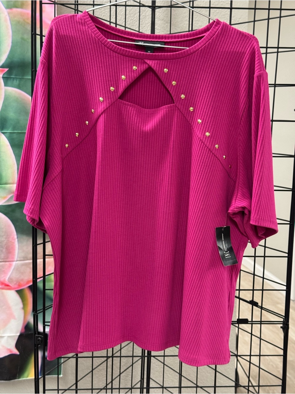 INC International Concepts Fuchsia Ribbed Short Sleeve Top with Gold Studs